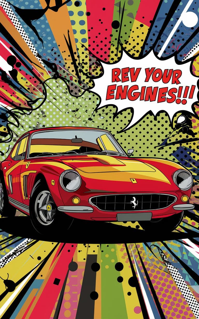 AI generated: Use bright colors and bold patterns to create a playful and eye-catching portrait of the Ferrari 250...