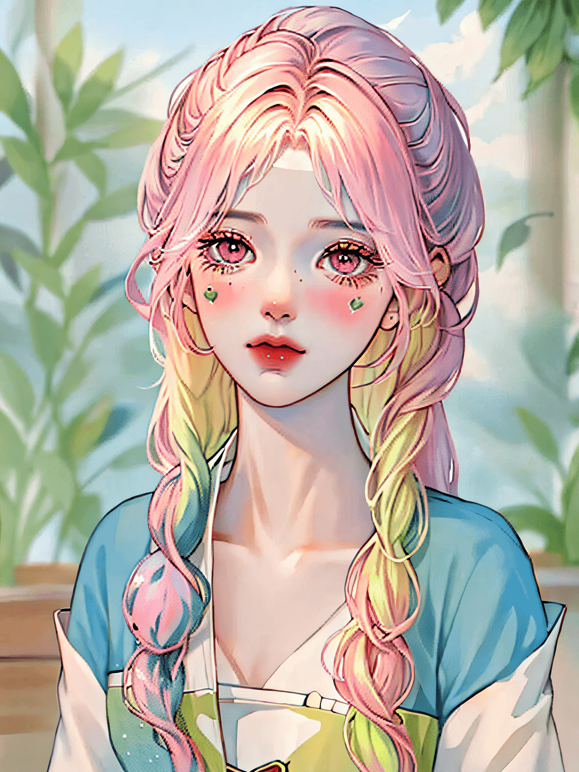 AI generated: A trio of smiling girls with long, colorful hair pose for the camera, each wearing a different cute ...