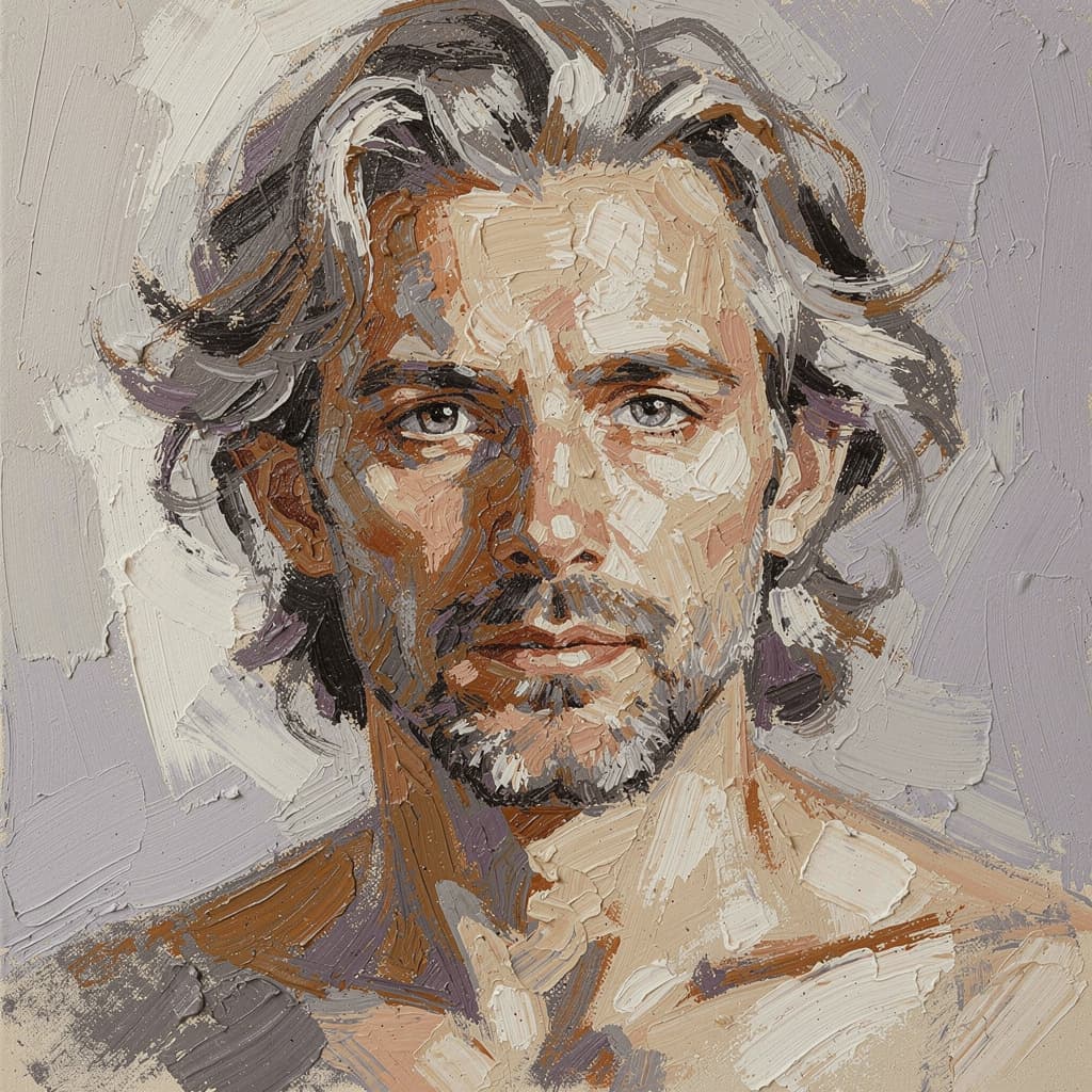AI generated: abstract portrait of a man with an emphasis on thick, impasto-style brushstrokes and a rich, tactile...