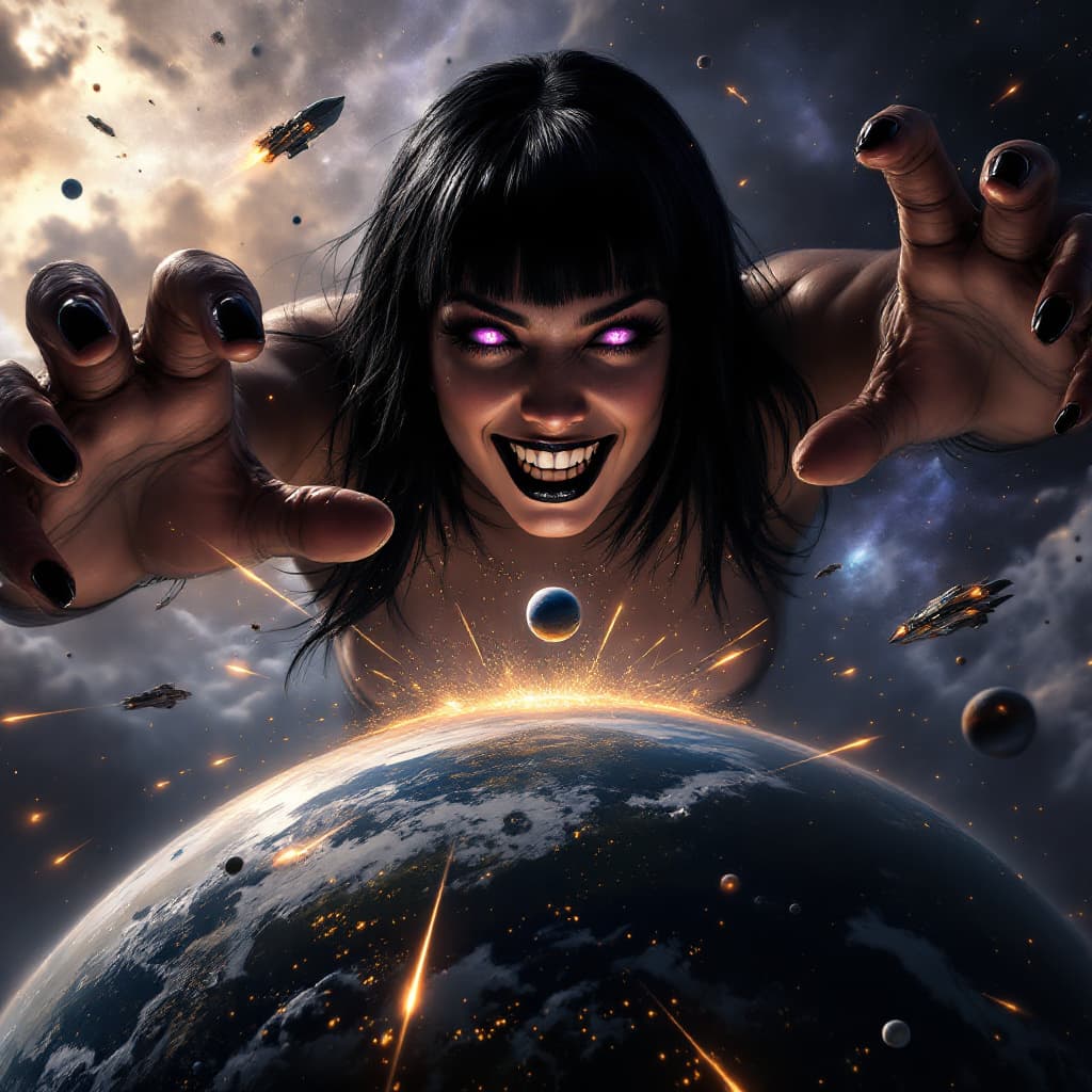 AI generated: enormous giantess female who looks exactly like WWE superstar 
 Rhea Ripley with black medium length...