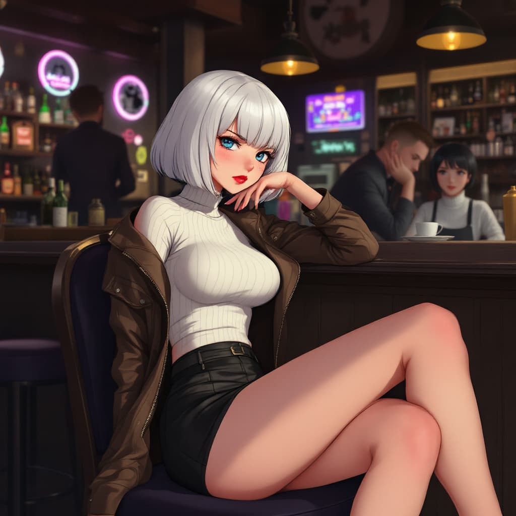 AI generated: anime, woman, white hair, bob cut, blue eyes, freckles, red lips, white turtle neck sweater, tight t...