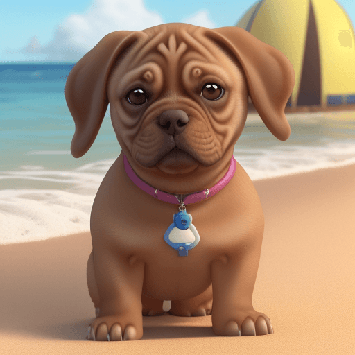 AI generated: Uma renderização 3D da Pixar de um buldogue frances numa praia,  estilo animaçãoanimação  As express...