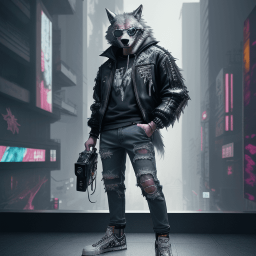 AI generated: king of wolves, fashion casual wolf, sneakers, sunglasses, jeans pants, holding a camera, futuristic...