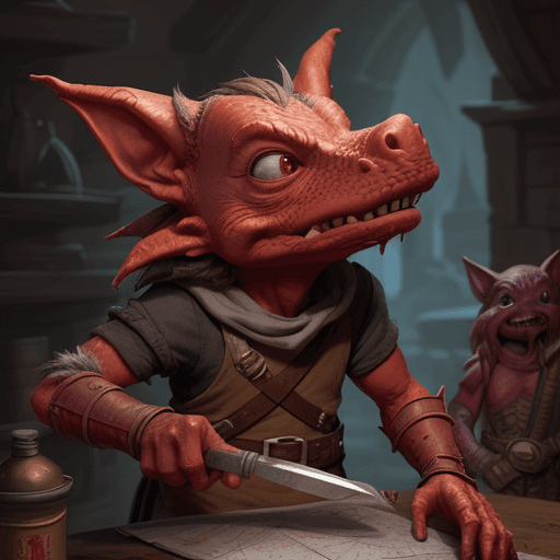 AI generated: DnD, red, kobold, male, short, messy, dirty, holding tools, face covered, fantasy

