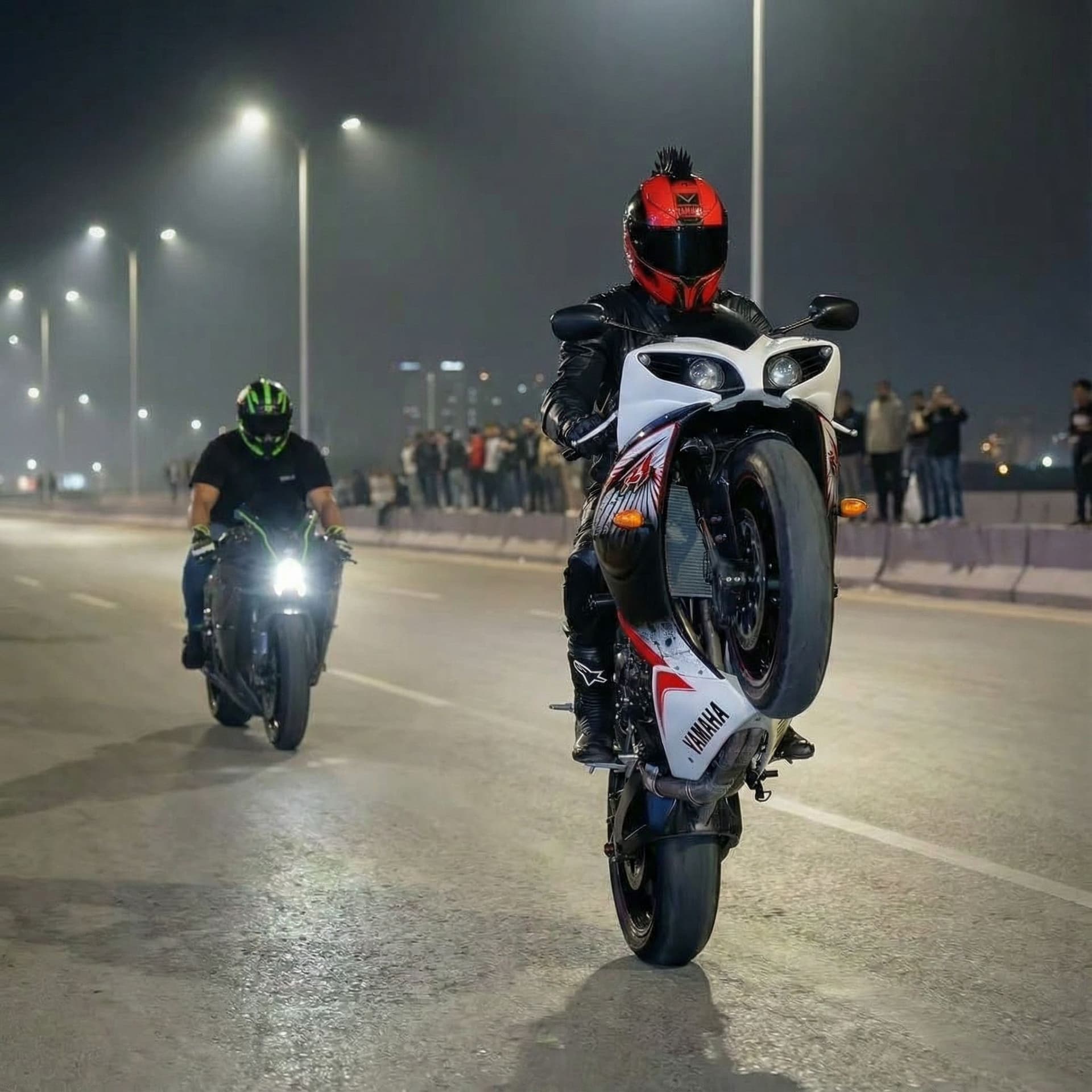 AI generated: Merge the two biker as real photo in one picture