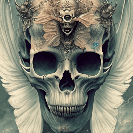 AI generated: beautiful angel with skull mask, cinematic pose, symmetry, ink dropped in water by Tom Bagshaw and S...