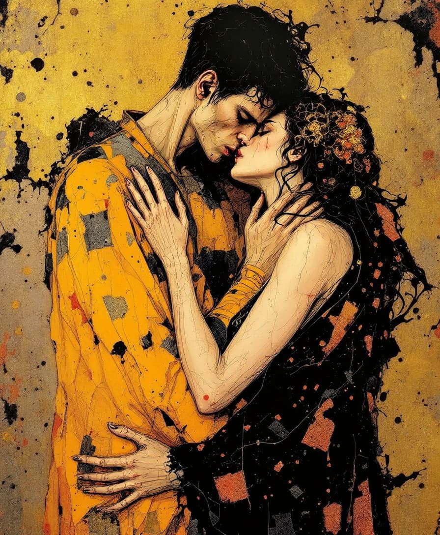 AI generated: Masterpiece, ('The Kiss' by Gustav Klimt in 1907-1908), inspired by the style of Egon Schiele. A cou...