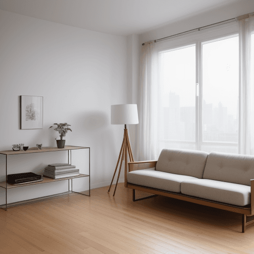 AI generated: photography, minimalism, front shot with eye level, full-frame DSLR, apartment living room, the colo...
