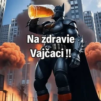 AI generated video: "Animate this image. Batman takes a large sip from his beer mug. As he drinks, the text 'Na zdravie ...
