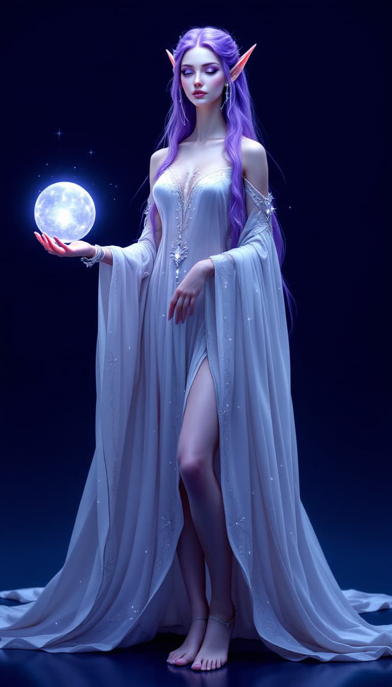 AI generated: A serene elven woman stands poised, her long limbs and flowing, violet hair creating a striking cont...