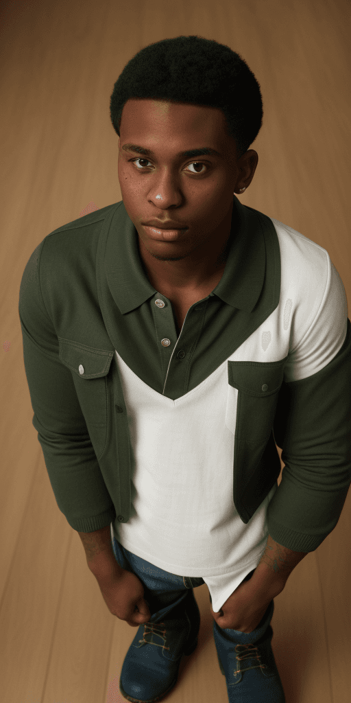AI generated: [[[((clothing with the smallest details)), a 24-year-old black man, close-cropped hair, white polo s...