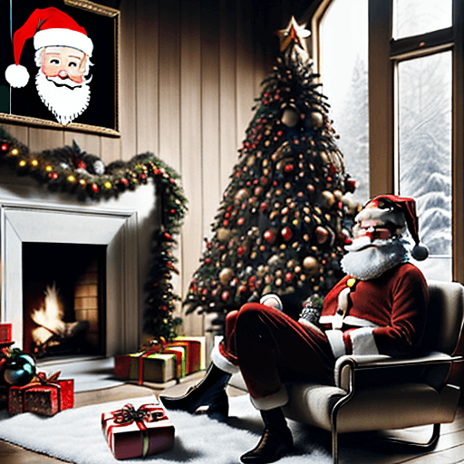 AI generated: Hyper realistic Santa Claus, with a happy, bright face, beautiful eyes, standing in the living room ...
