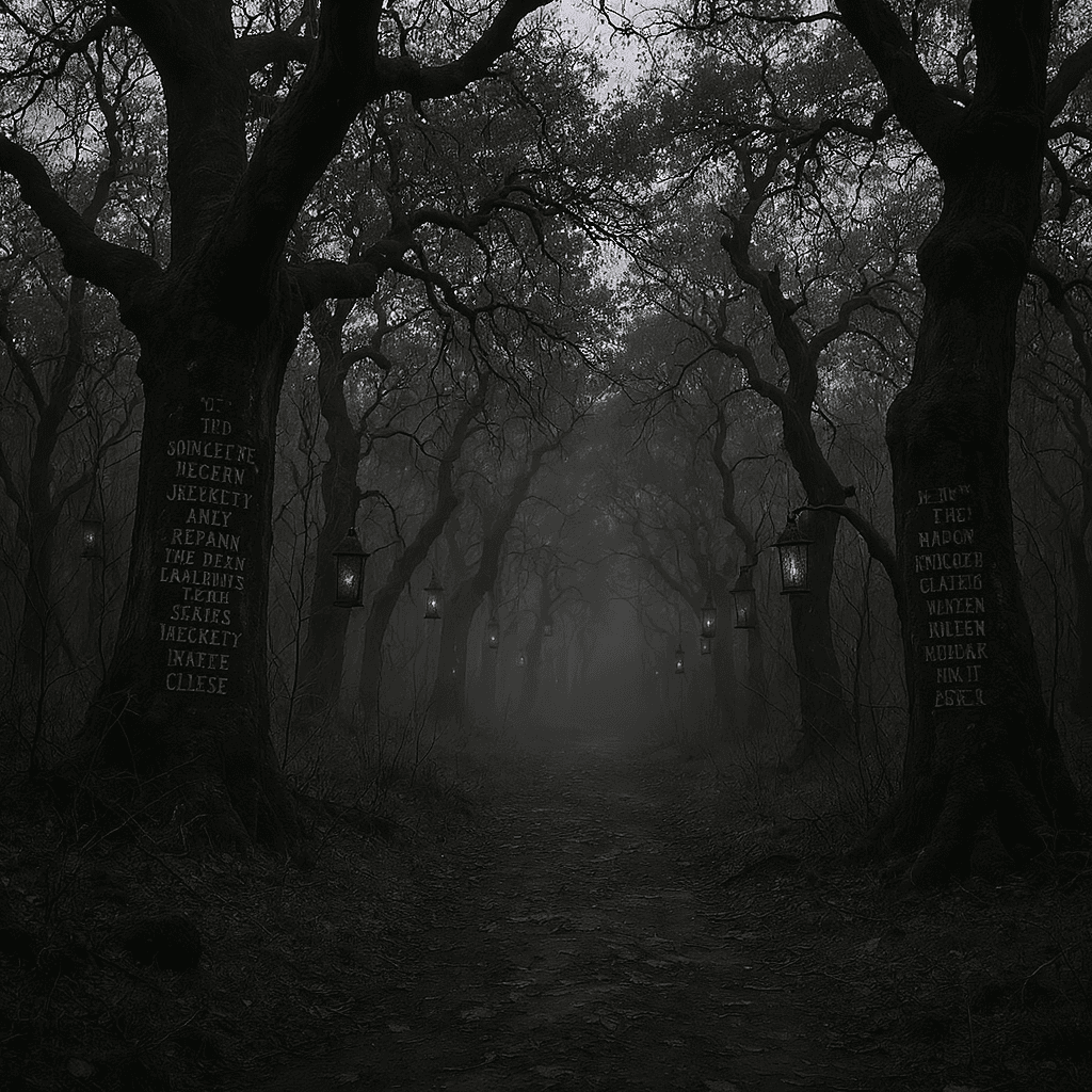 AI generated: A haunted forest path where the trees whisper ancient names and hanging lanterns mark the passage of...