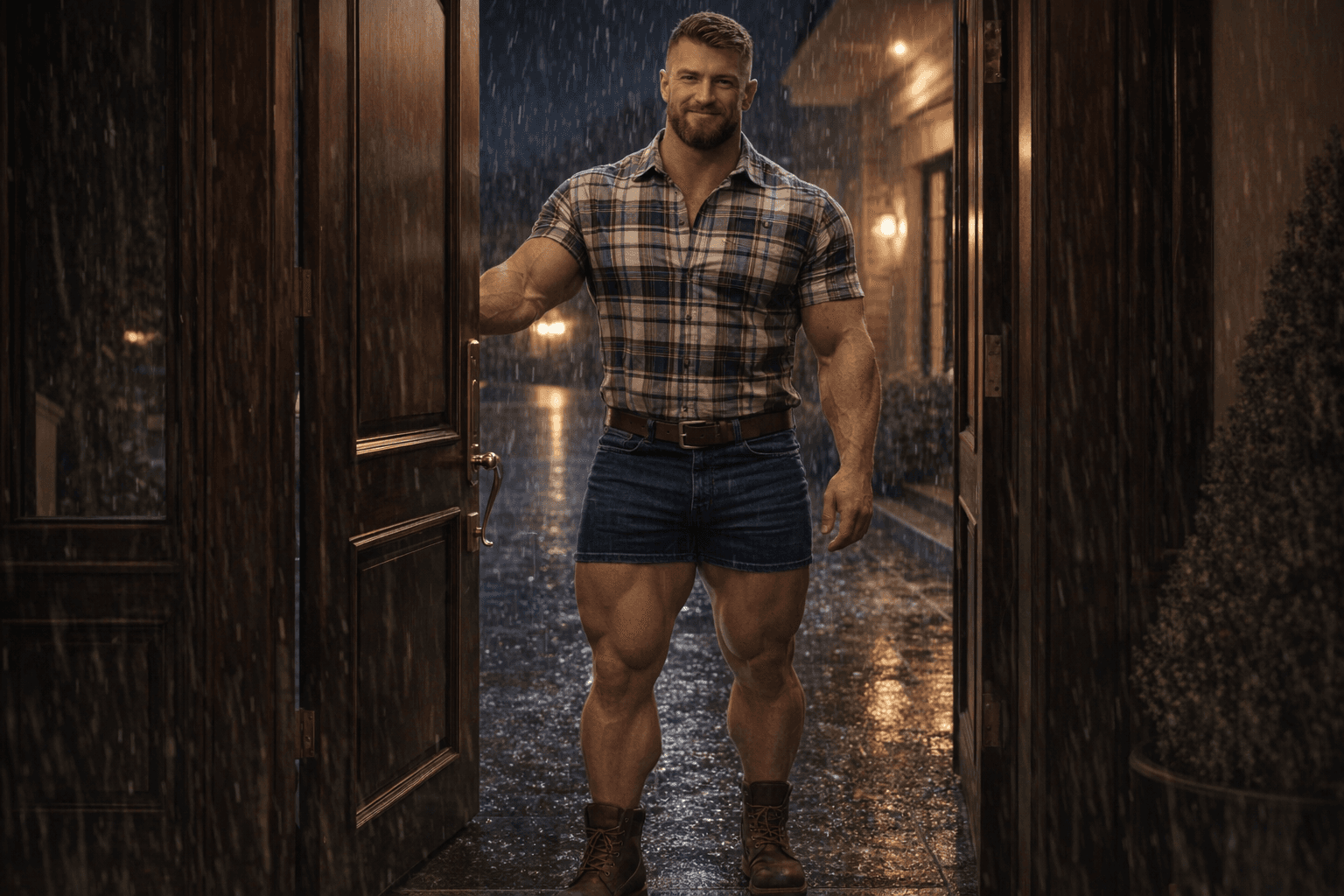 AI generated: At night. 
The bodybuilder is standing at a beautiful and elegant house main door. The main door is ...
