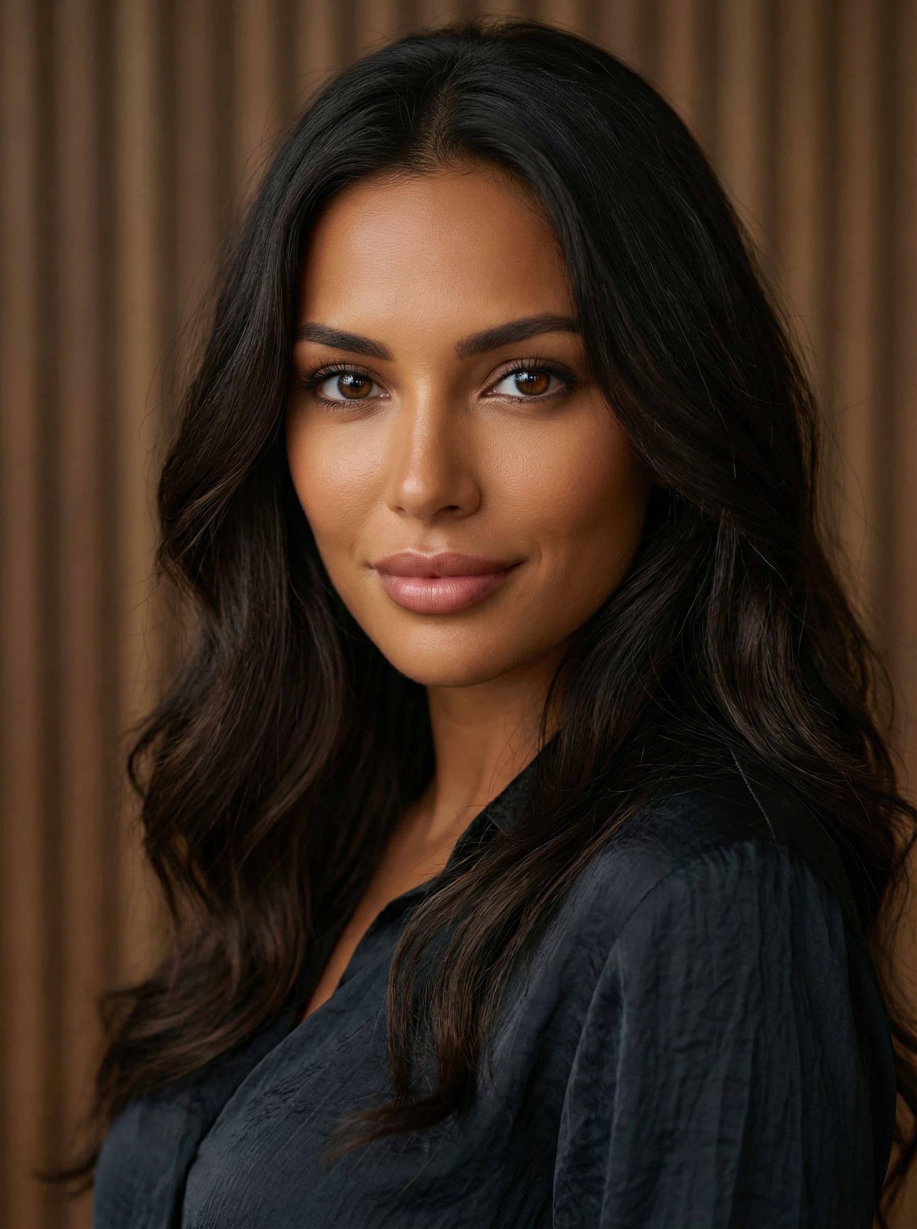 AI generated: Ultra-realistic sensual portrait of a stunning brunette woman with long wavy hair, perfect tanned sk...