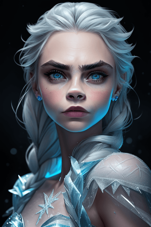 AI generated: Cara Delevingne as Elsa, Frozen, surrounded by ice, black backdrop background, dynamic portrait, hyp...