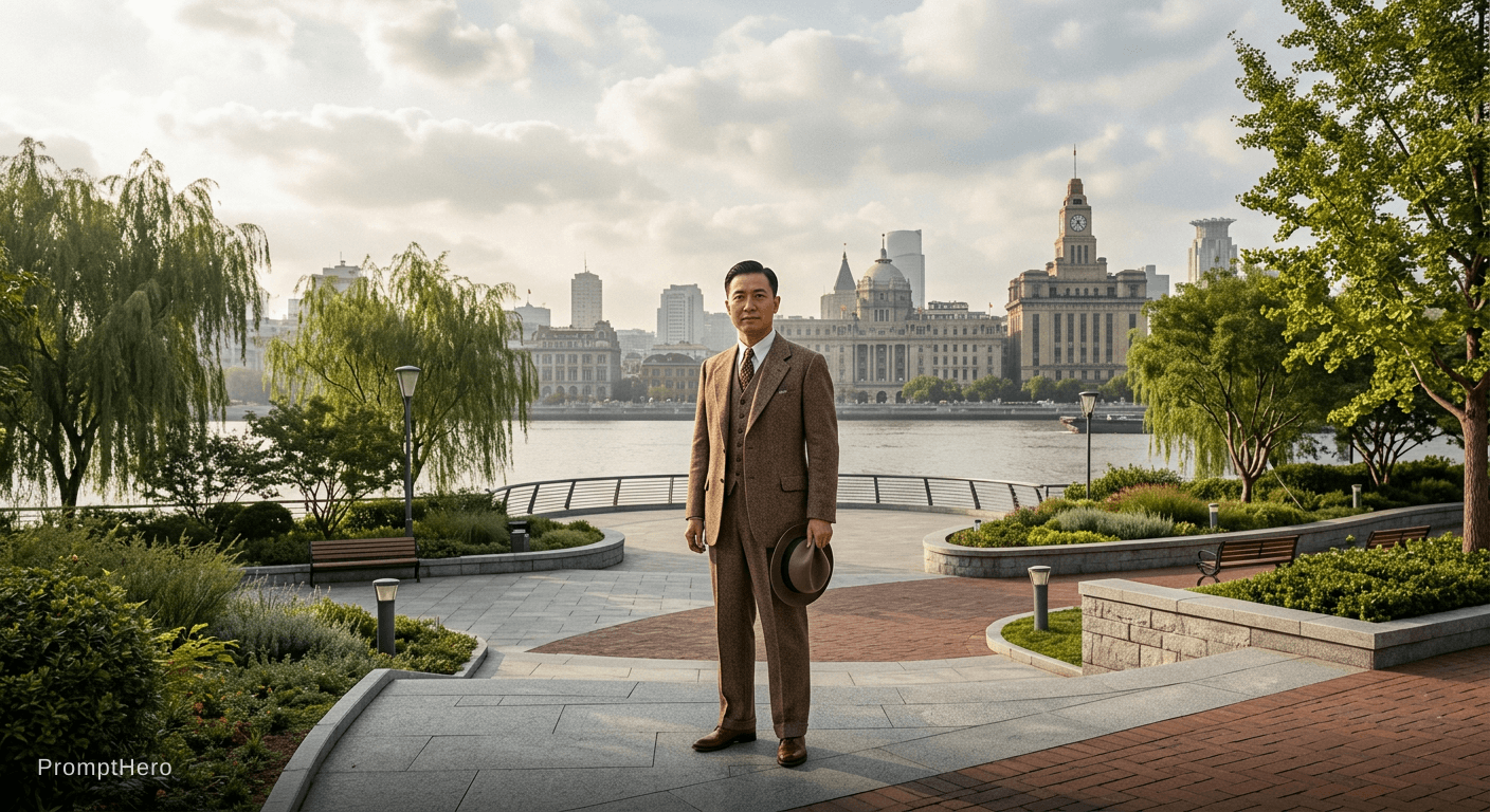 AI generated: Shanghai during early 50s, a man of early 40s in the 1950s westerm suite clothing, standing in full ...