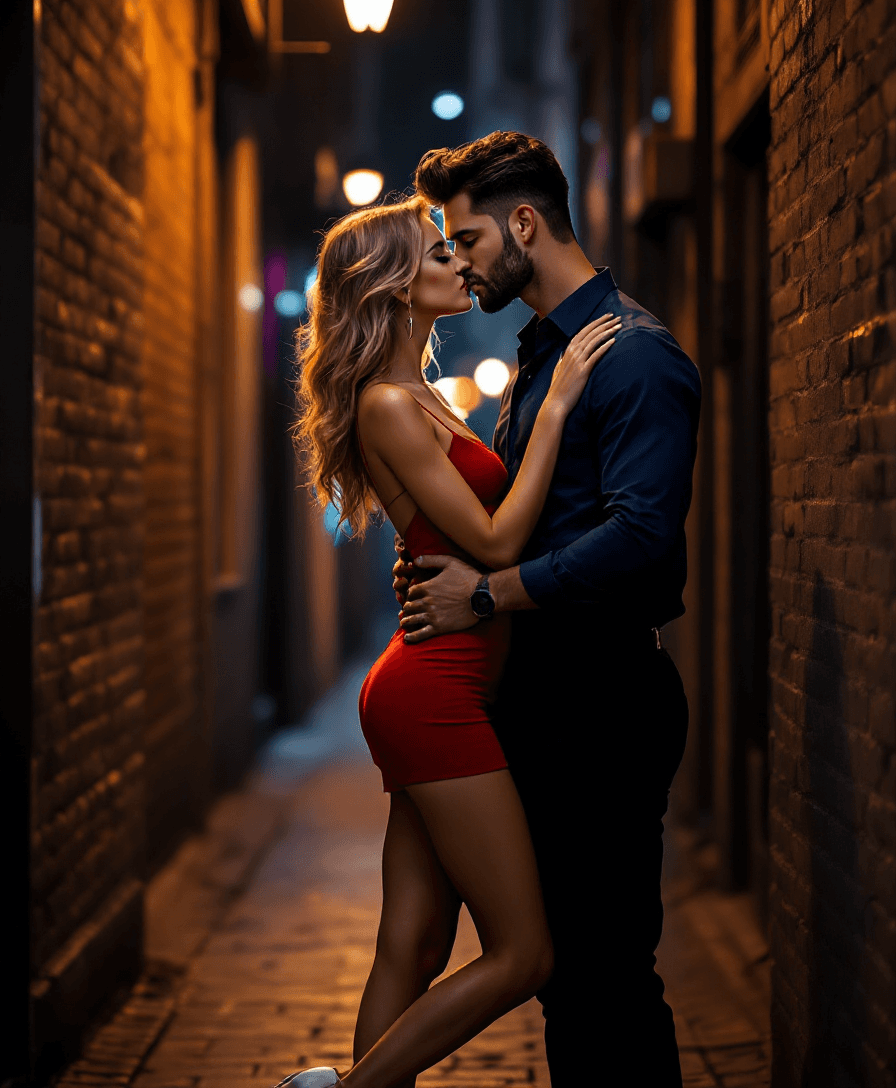 AI generated: Hyper-realistic,  Full body image of a gorgeous couple (Ana and Mike), kissing in a dark alley. Ana ...