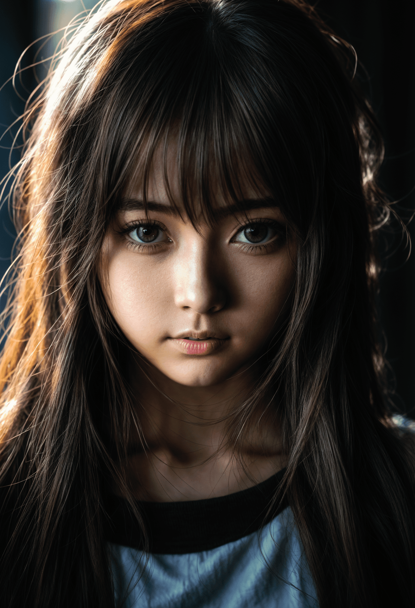 AI generated: centered, anime, portrait photo of 1girl, 20 y.o, cute face, hard shadows