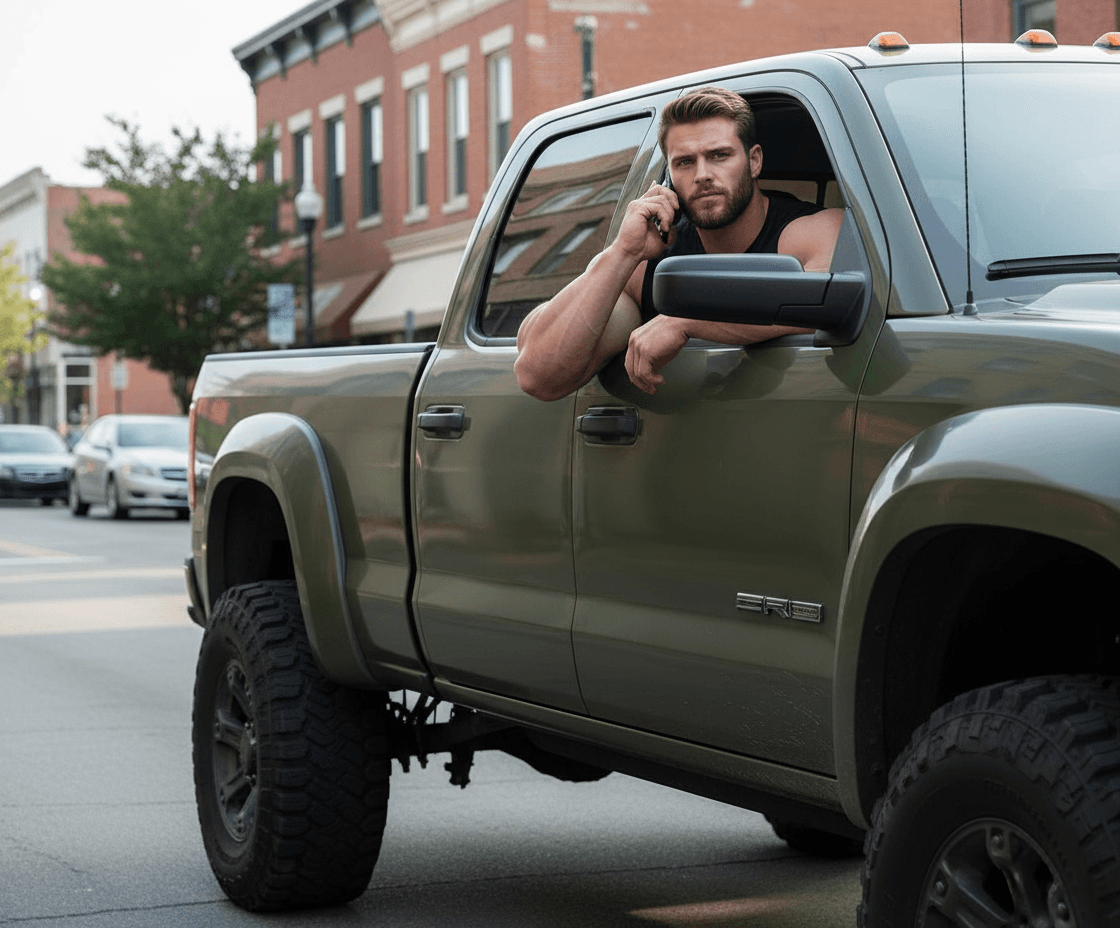 AI generated: The body builder is driving through town, the bodybuilder is 6'4" tall, he has huge muscular shoulde...
