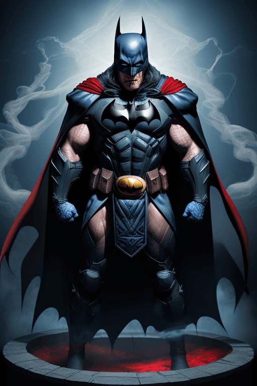 AI generated: Batman realistic, a formidable villain,real Thor costume, full body shot, wears a deep blue and  red...