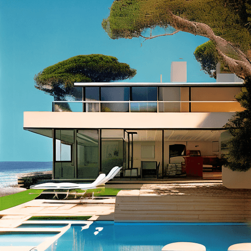 AI generated: Hyper realistic eye level exterior photo of a mid century modern style house overlooking the ocean, ...