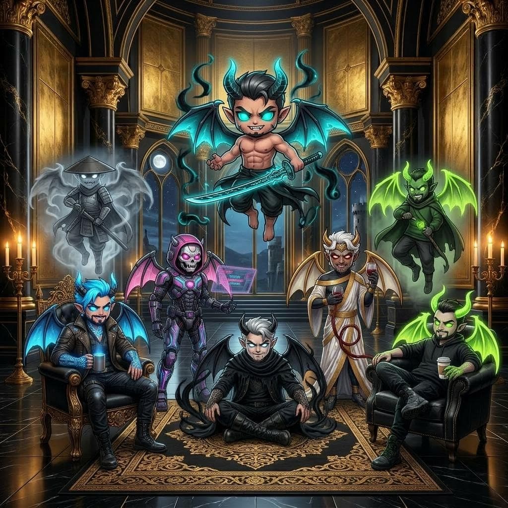 AI generated: make every demon in this image into a miniature version of themselves with little devil wings with c...