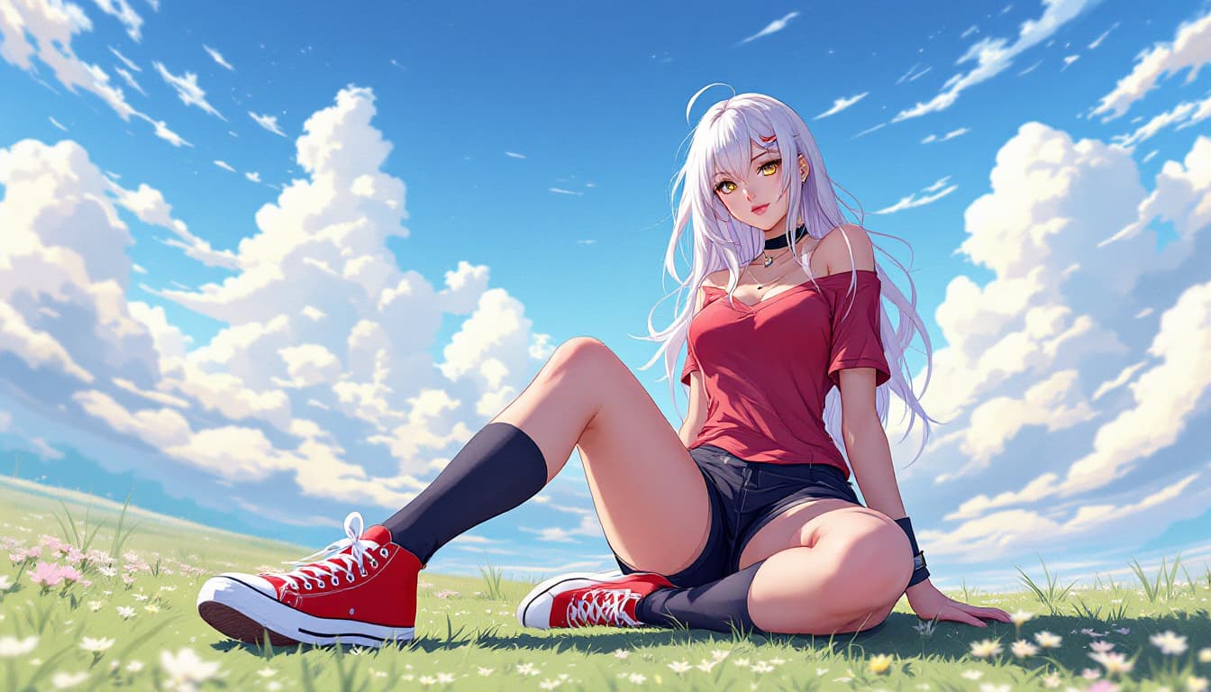 AI generated: high quality, 1lady, 25 years old, gold eyes, long white hair, fade, outdoors, red-top, black short-...