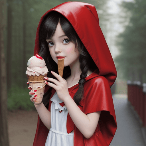 AI generated: cute, beautiful, cartoon little red riding hood, ice cream
