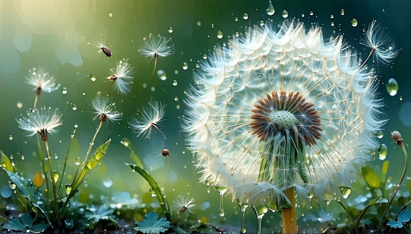 AI generated: A  dandelion slowly loosing it's seeds to the wind, in the style of John James Audubon: dripping, wi...