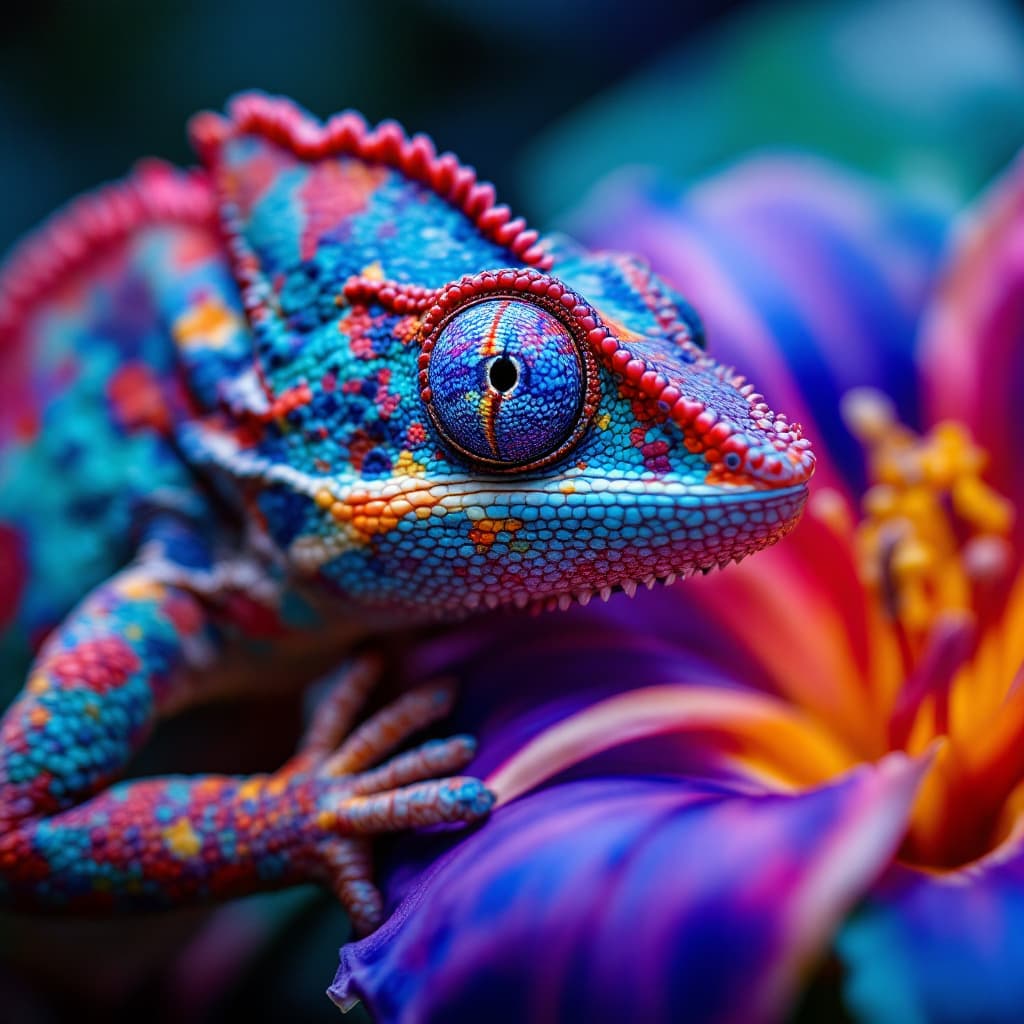 AI generated: 24.	a close-up of a chameleon changing colors while camouflaging into a tropical flower --v 7 --styl...