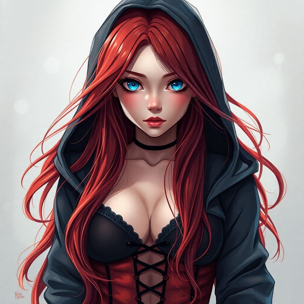 AI generated: Masterpiece, best quality, ultra detailed illustration, a girl with long red hair, with bright blue ...