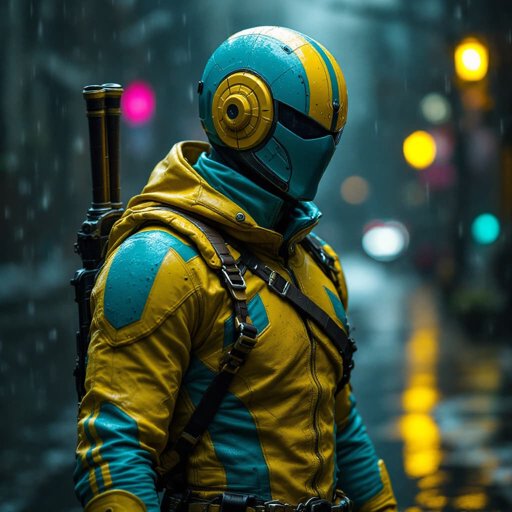 AI generated: Hyper real Aaron Taylor Johnson in a Crossing-Guardian's helmet mask yellow and turquoise The suit i...
