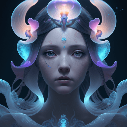 AI generated: Goddess close-up portrait ribcagel. jellyfish phoenix head, nautilus, orchid, skull, betta fish, bio...