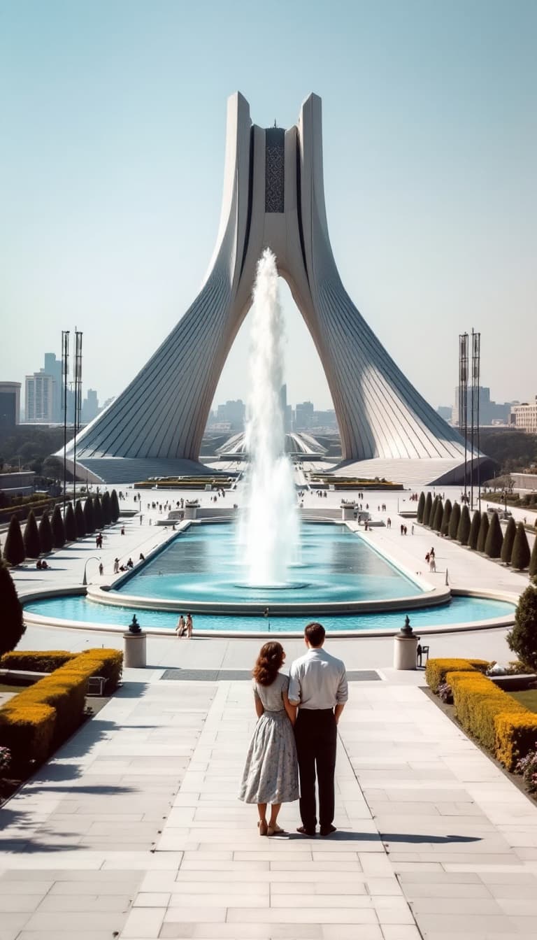 AI generated: A young couple from the 1950s stands in Tehran’s iconic **Azadi Square (formerly Shahyad Square)**, ...
