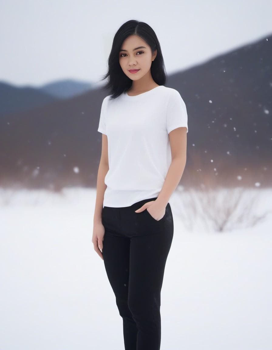 AI generated: Asian woman standing in the snow in a white t shirt, in the style of celebrity image mashups, xiaofe...