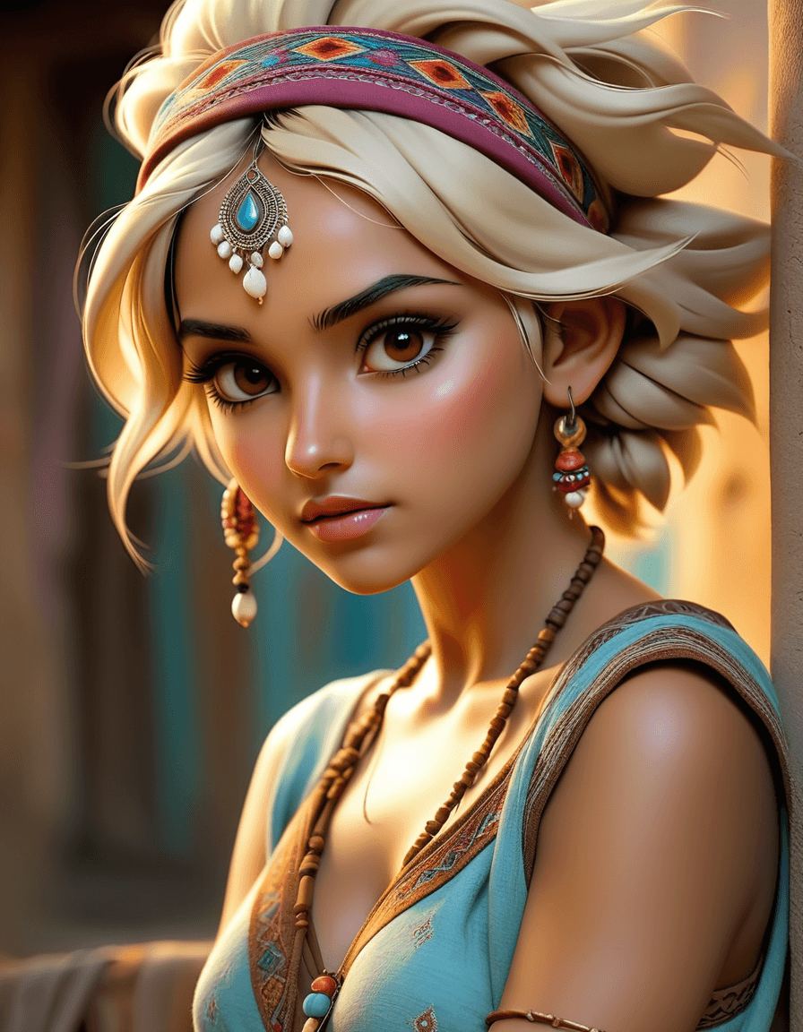 AI generated: airbrush art, dream, gypsy woman, textured cotton clothes, intricate clothes detail, short messy blo...