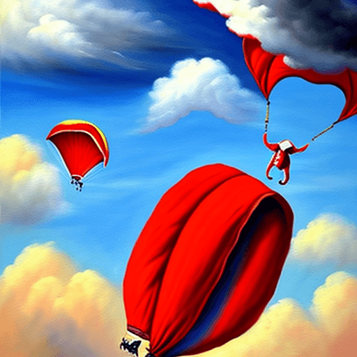 AI generated: Falling elephant attached to one red parachute amidst sunny clouds.
Style: oil painting