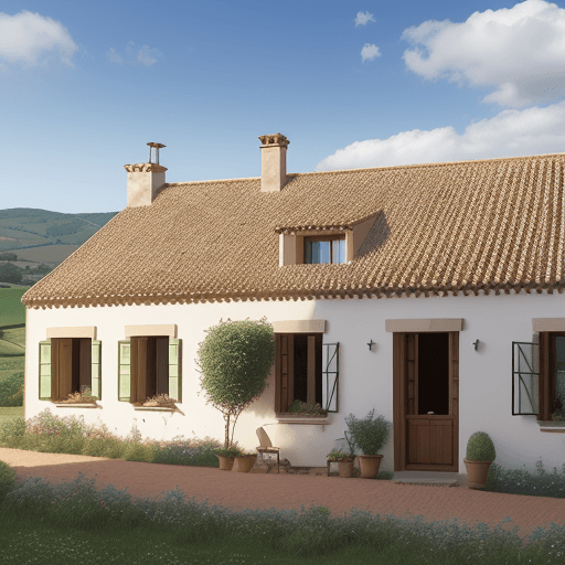 AI generated: Realistic photo. A countryside house in a classic Catalan style with a British flag on the roof.