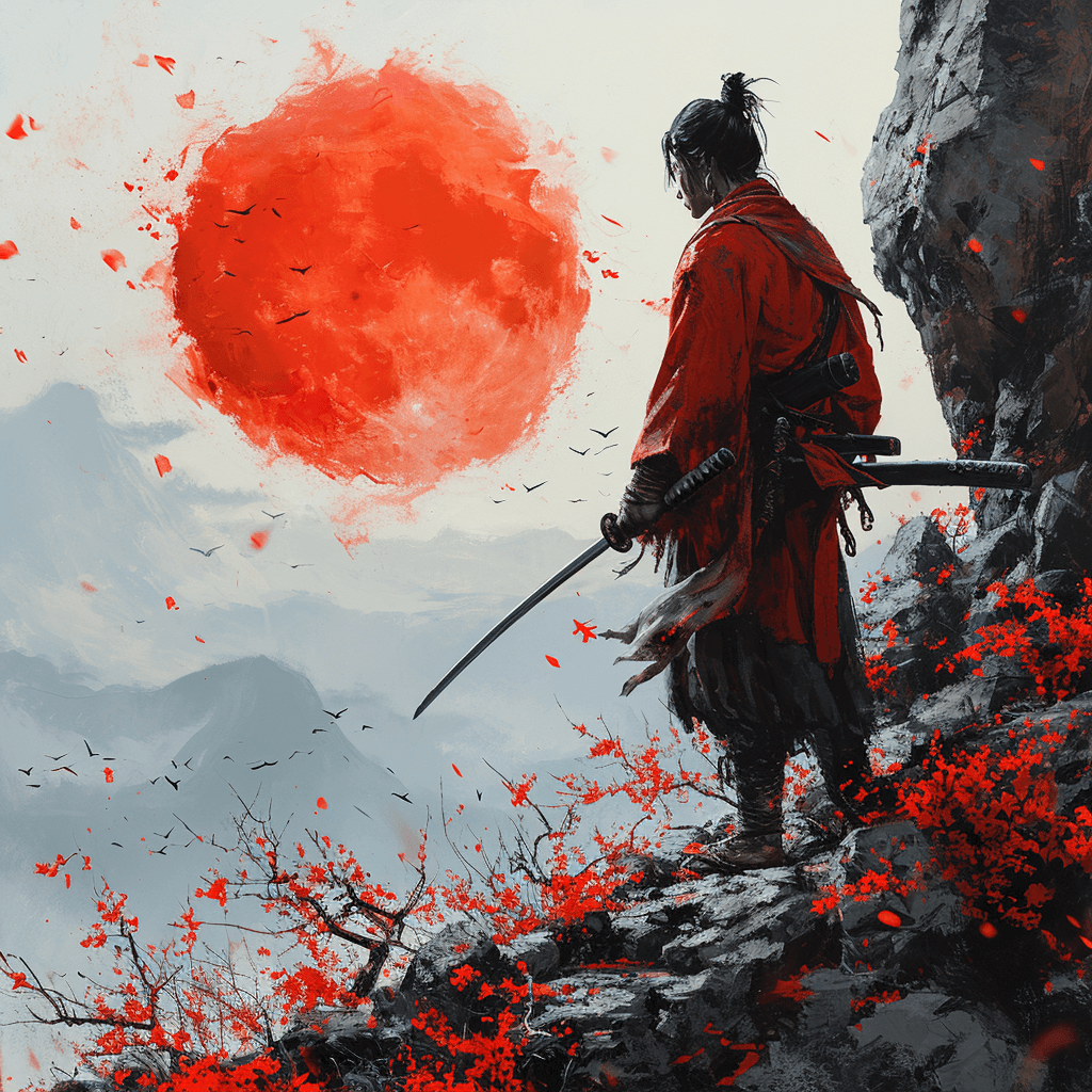 AI generated:  blood stained moon, the last ronin depressed and angry on a Japanese mountain top with cherry bloss...