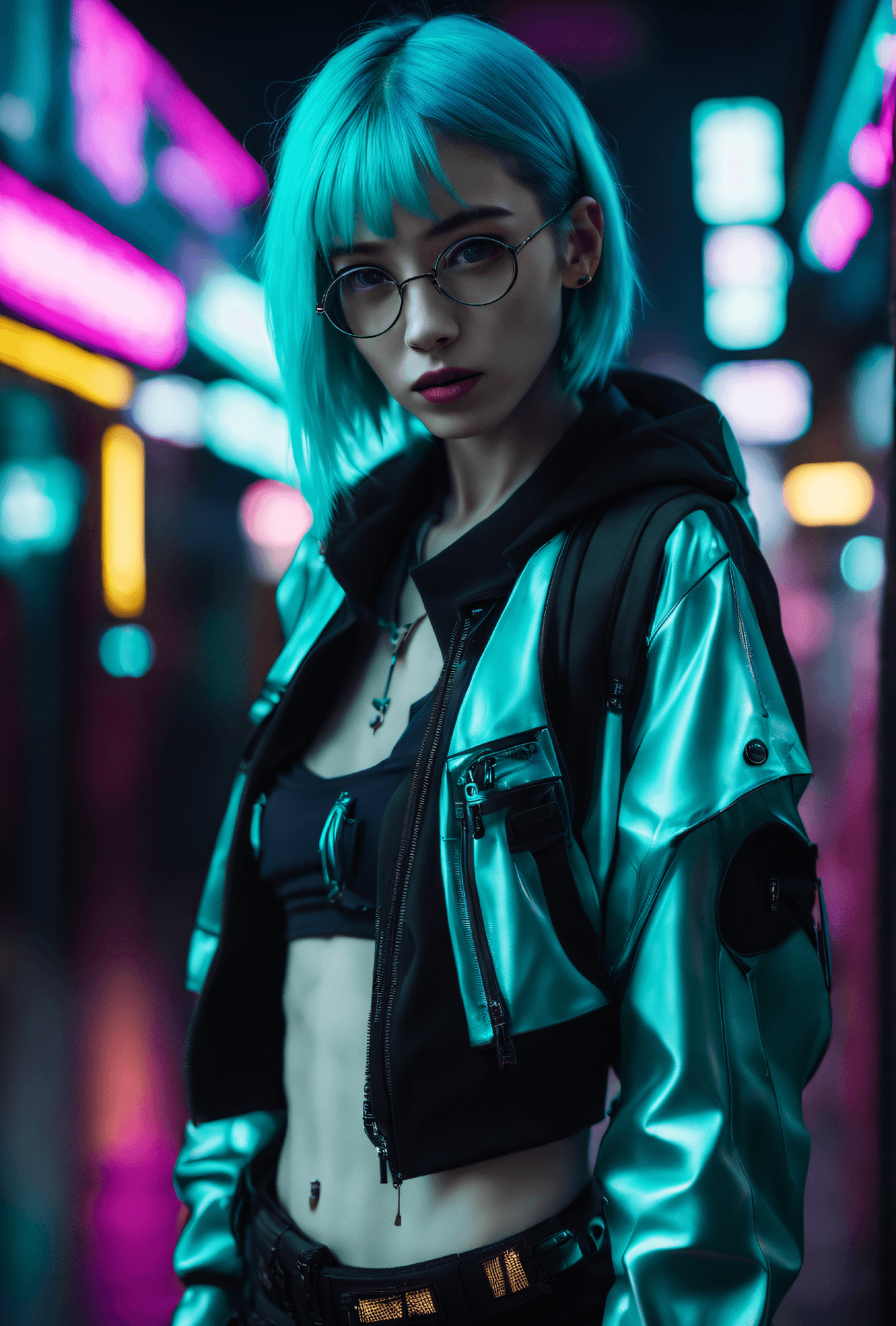 AI generated: A photo of a young, very thin nerdy girl with goth and neon colors showcases her beautiful and aesth...