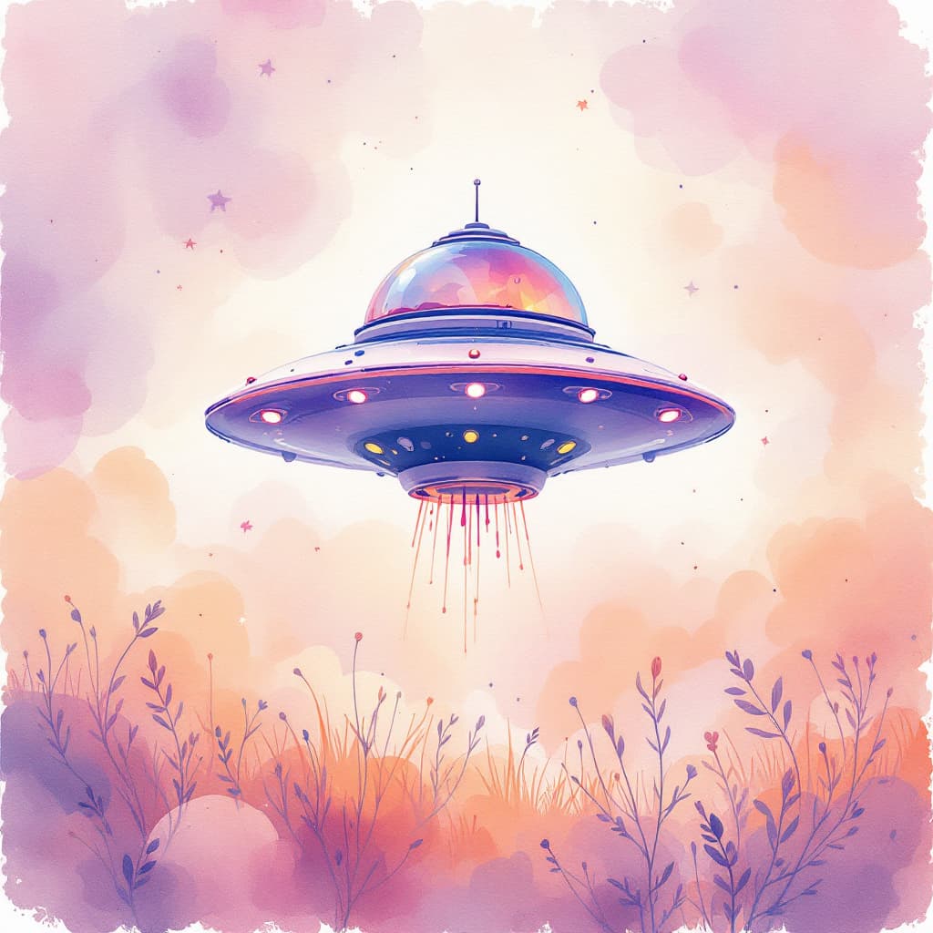 AI generated: a whimsical flying saucer rendered in an Ethereal Watercolor Dreamscape, with soft, fluid brushstrok...