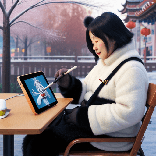 AI generated: panda, winter, chinatown, culture, calendar, sitting, ipad, apple, digital drawing, oil painting
