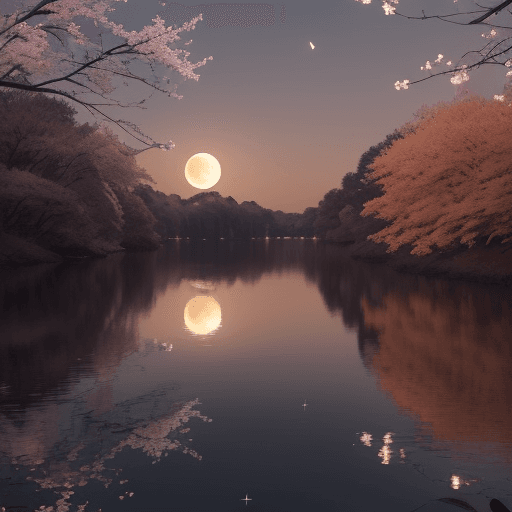 AI generated: "A serene full moon scene with a large, glowing orange moon low in the sky, casting a warm, golden r...