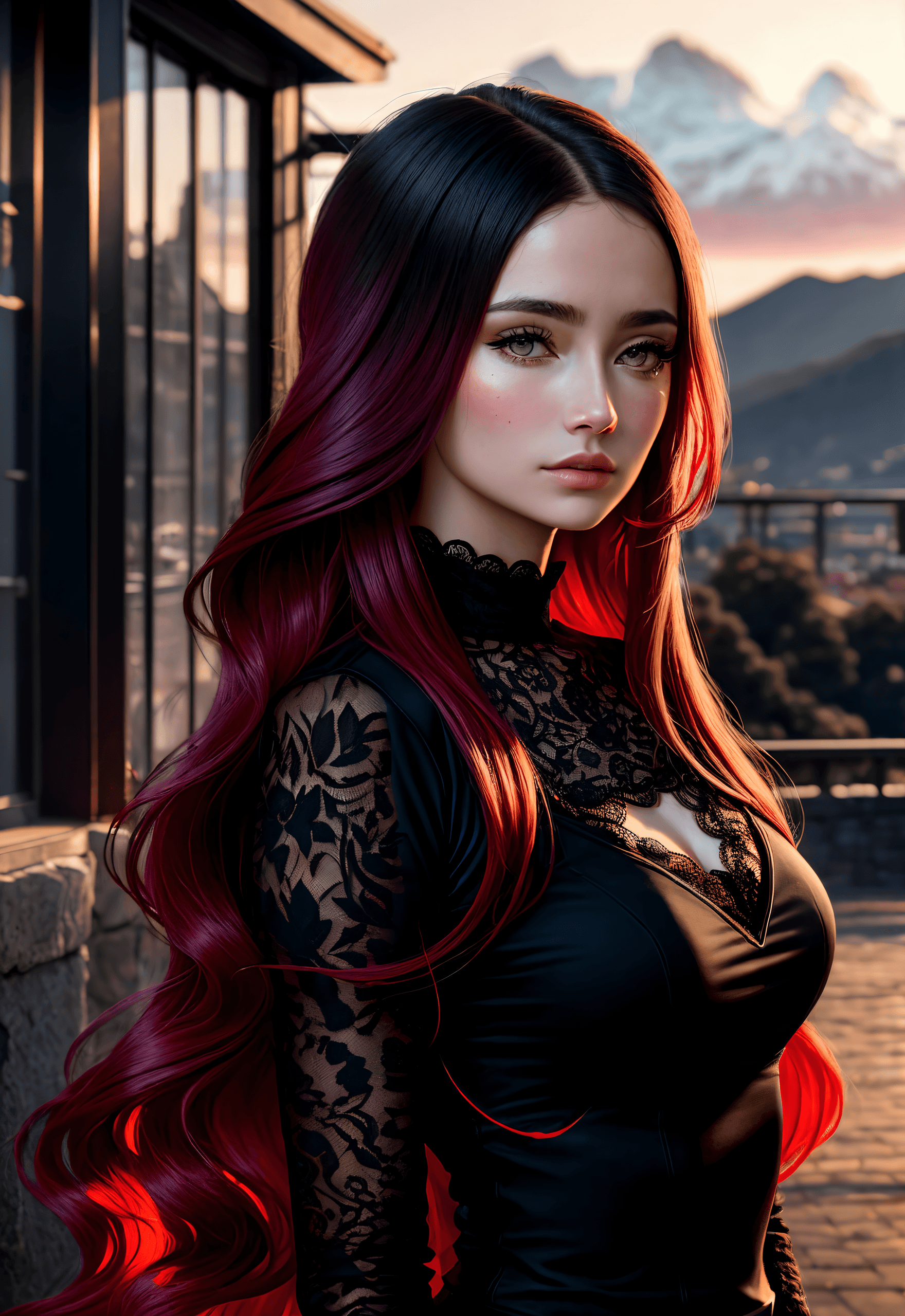AI generated: Tall, mature girl, pretty, beautiful, young, best quality, ultra-detailed, long hair, black and red ...