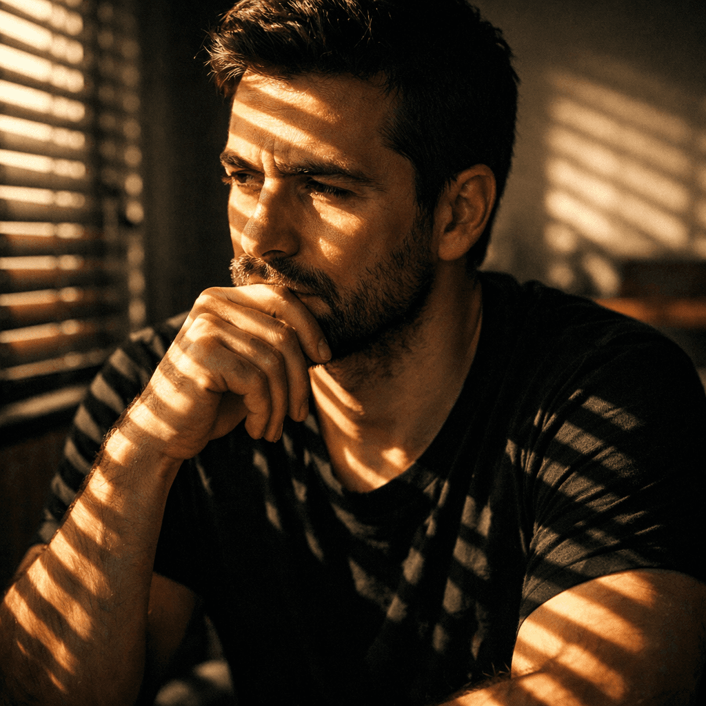 AI generated: A contemplative man with short dark hair and facial hair, wearing a black shirt, sitting indoors wit...