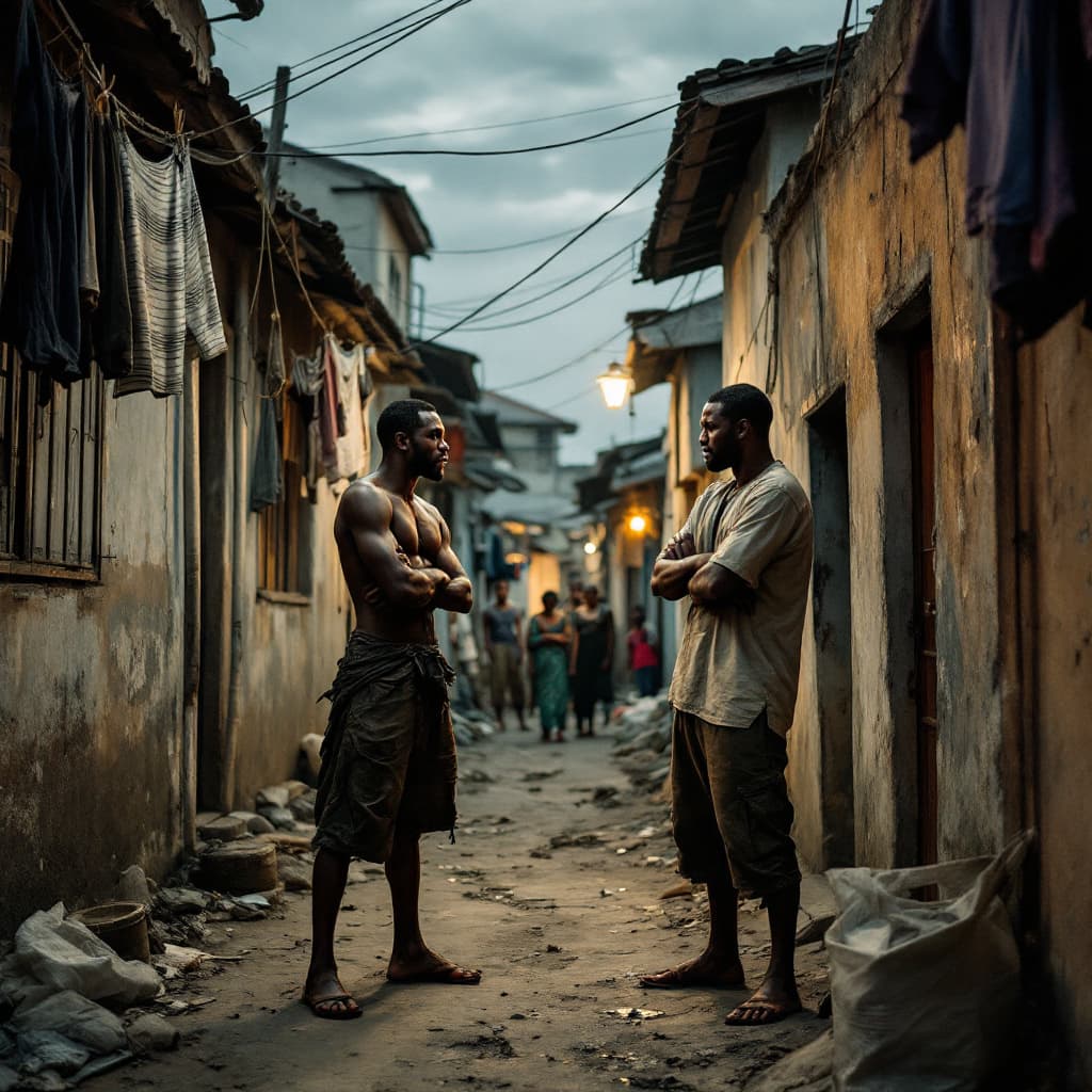 AI generated: A tense standoff between Fola and Femi in a crowded Lagos compound at dusk. Fola, a young man in wor...