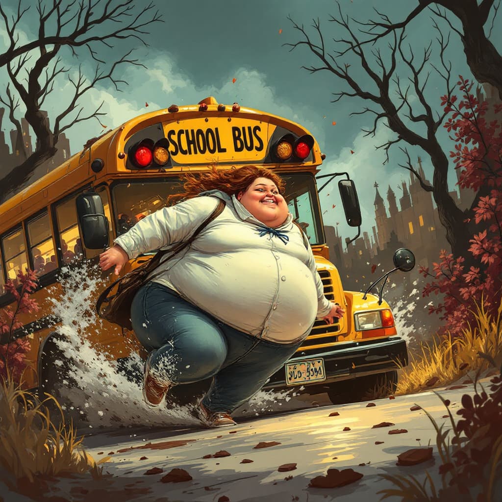 AI generated: big fat woman chasing after a chocolate cake on a school bus    
the chocolate cake is ln front of t...