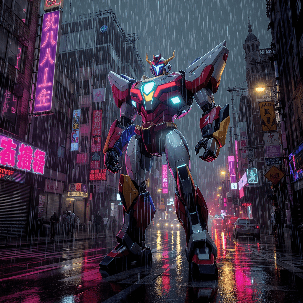 AI generated: The Age of Voltron, Voltron standing in the rain on an empty NYC street. cyberpunk art, inspired by ...