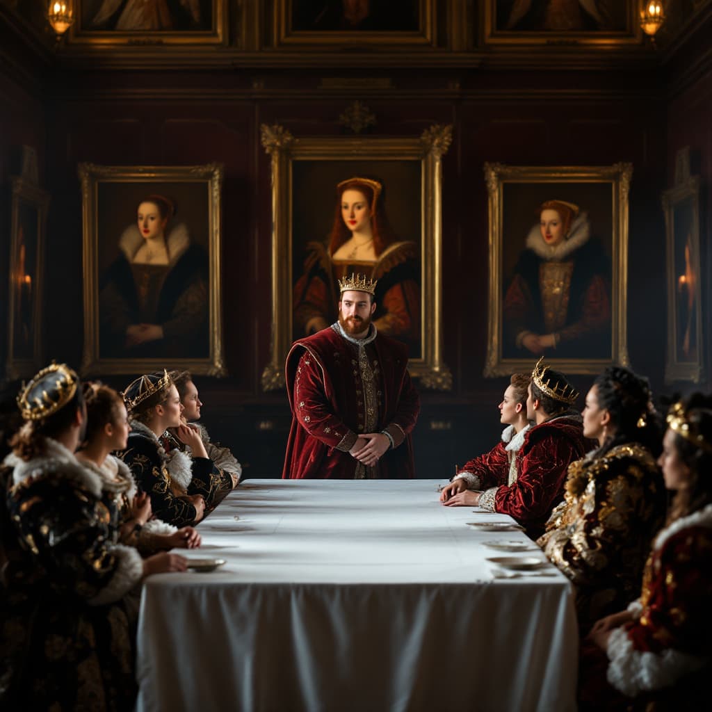 AI generated: In the grand, opulent halls of Hampton Court Palace, King Henry VIII stands before a long table, the...
